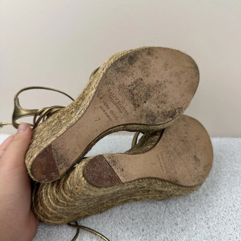 Ralph Lauren Purple Label Shoes Womens Size 7 Gold Espadrille Wedge Sandals Lace